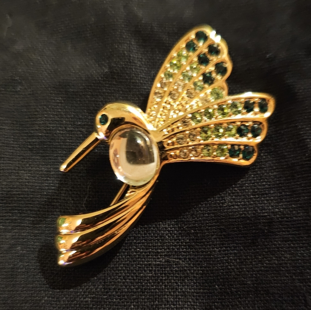Vintage Monet Hummingbird Brooch Pin Jelly Belly Green Rhinestone Gold Tone